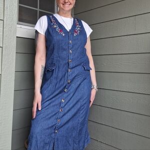 Vintage 90s Hunters Run Floral Embroidered Cotton Denim Midi Dress Blue Size XXL